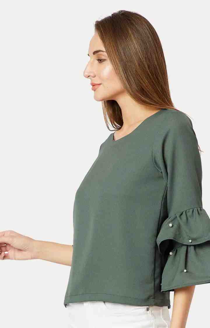 Women's Green Crepe SolidCasualwear Tops