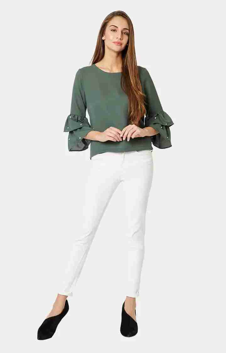 Women's Green Crepe SolidCasualwear Tops