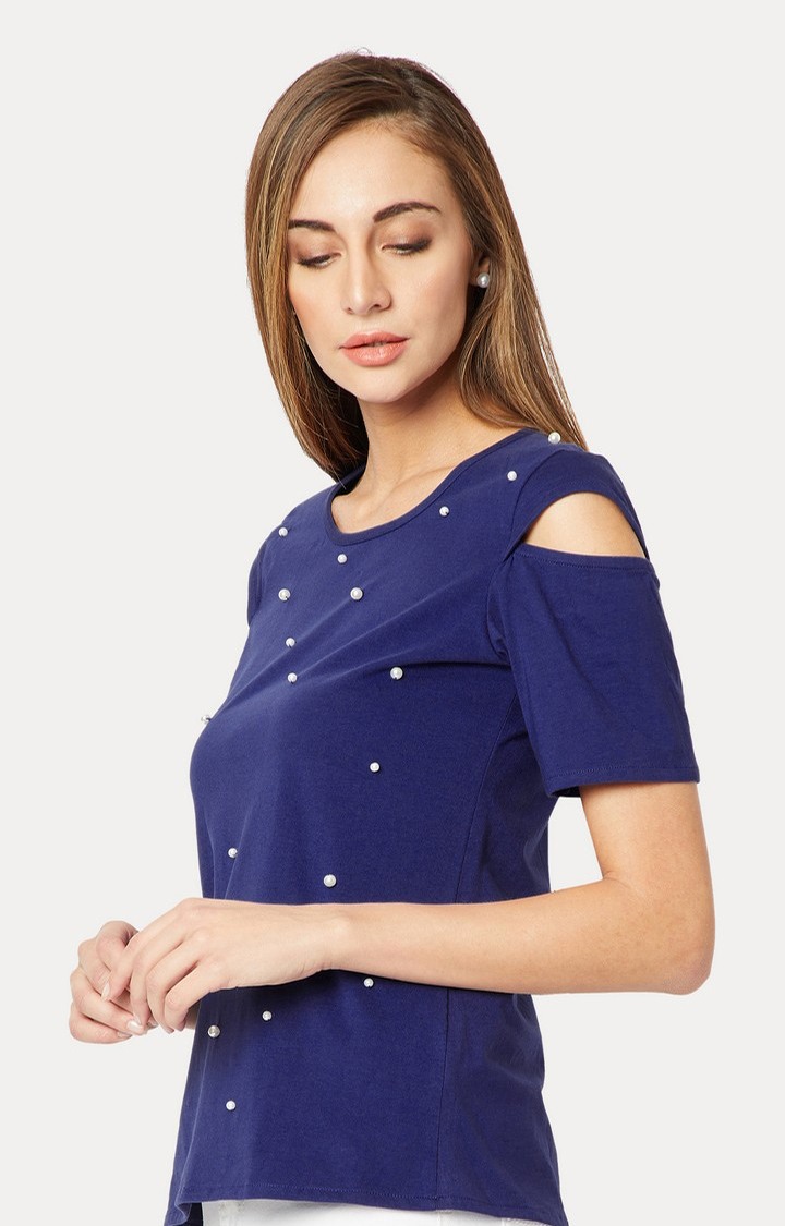 Women's Blue Cotton EmbellishedCasualwear Tops