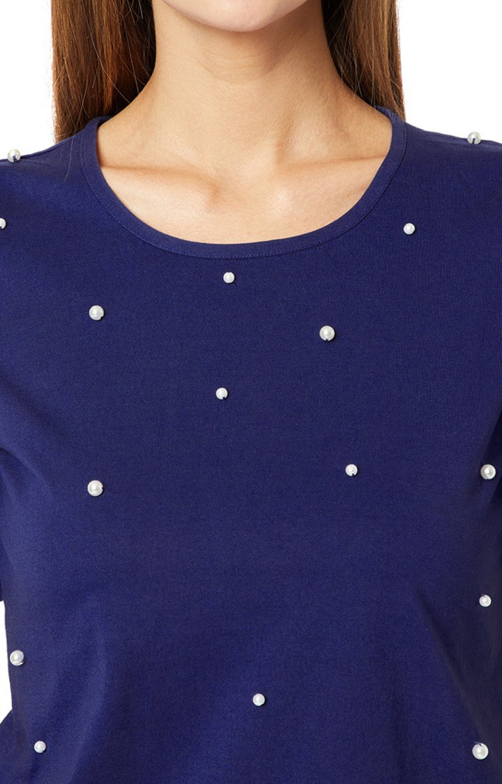 Women's Blue Cotton EmbellishedCasualwear Tops