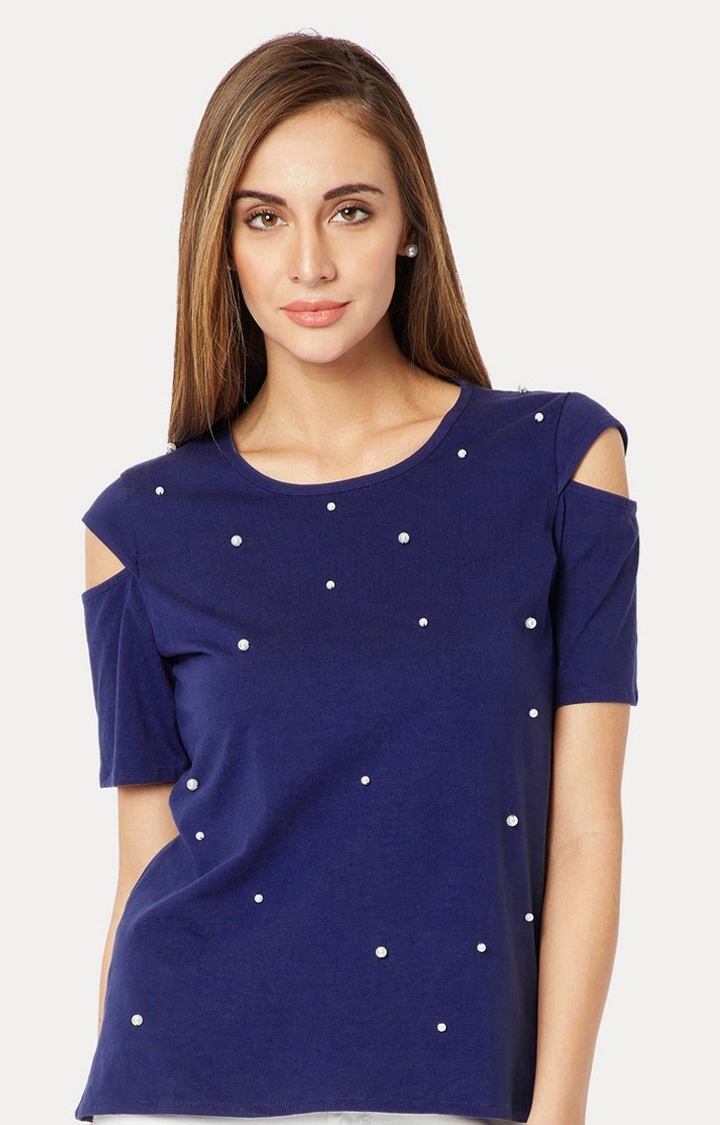 MISS CHASE | Women's Blue Cotton EmbellishedCasualwear Tops