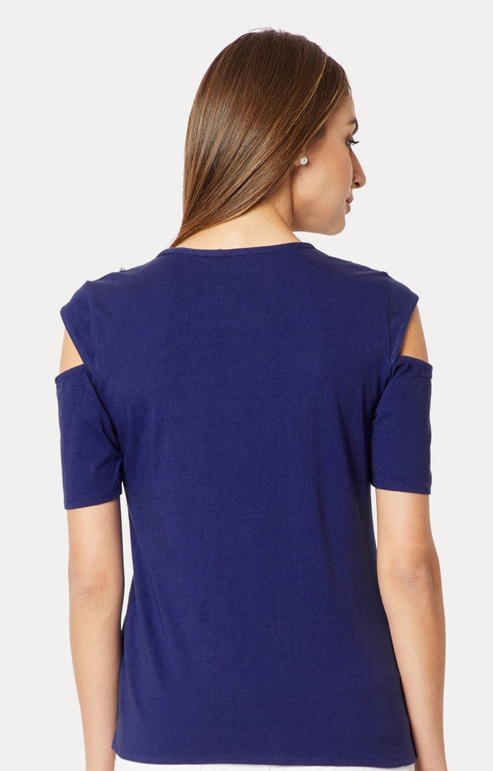 Women's Blue Cotton EmbellishedCasualwear Tops