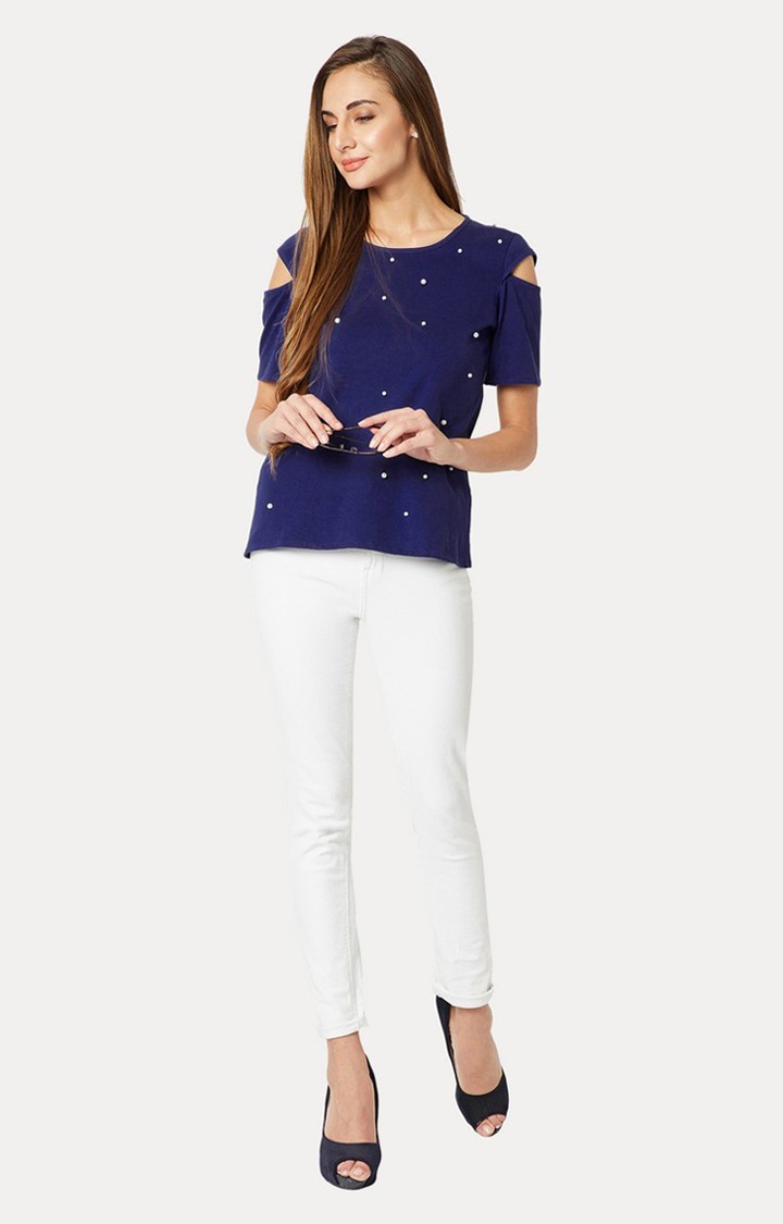 Women's Blue Cotton EmbellishedCasualwear Tops