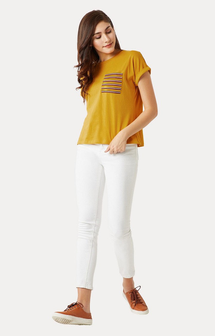 Women's Yellow Cotton SolidCasualwear Regular T-Shirts