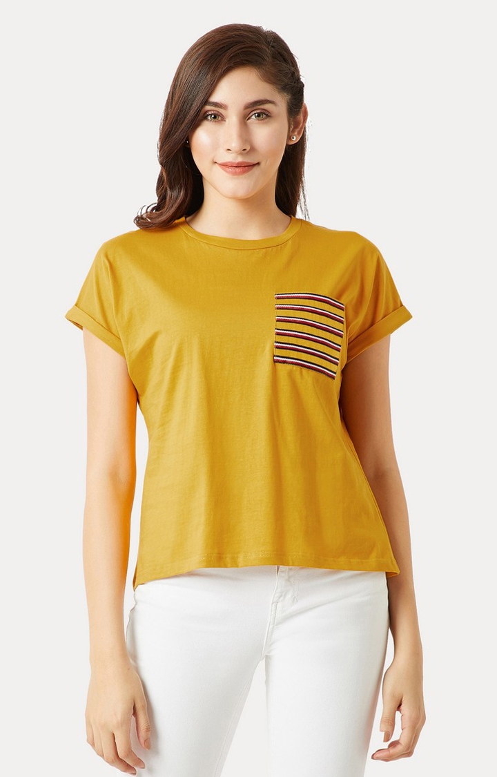 MISS CHASE | Women's Yellow Cotton SolidCasualwear Regular T-Shirts