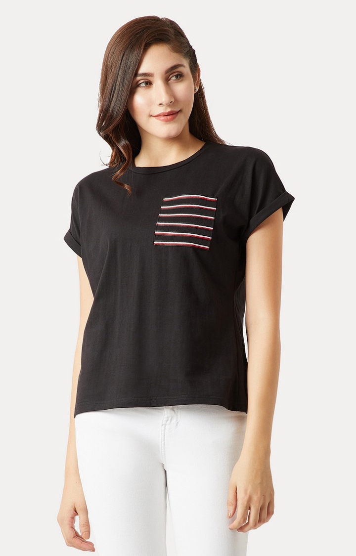 Women's Black Cotton SolidCasualwear Regular T-Shirts