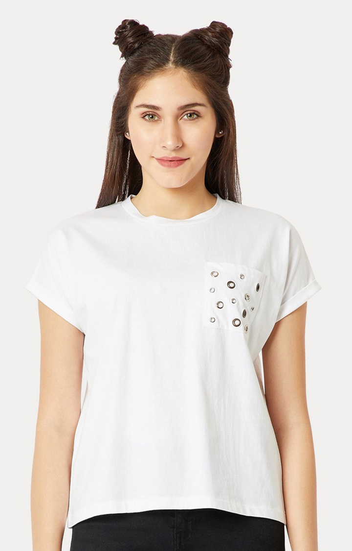 MISS CHASE | Women's White Cotton SolidCasualwear Regular T-Shirts