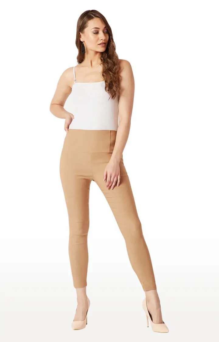 MISS CHASE | Women's Beige Solid Jeggings 1