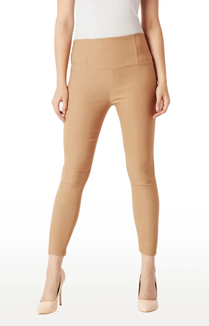 MISS CHASE | Women's Beige Solid Jeggings 0