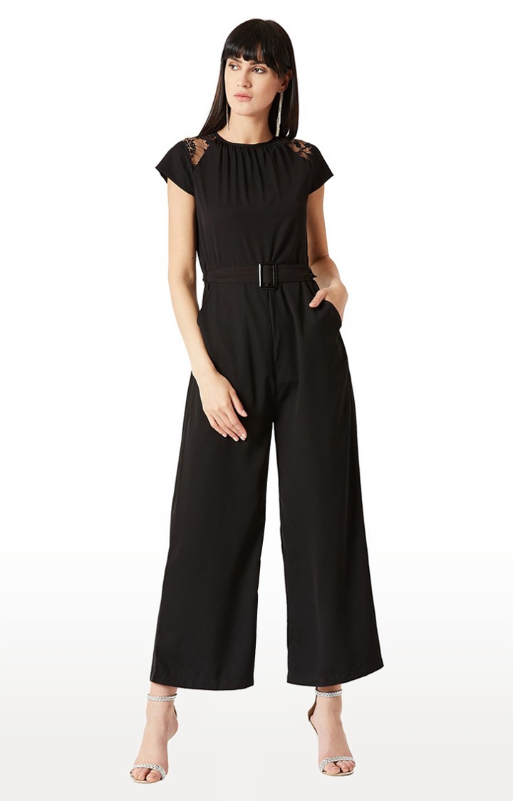 MISS CHASE | Women's Black Crepe SolidCasualwear Jumpsuits