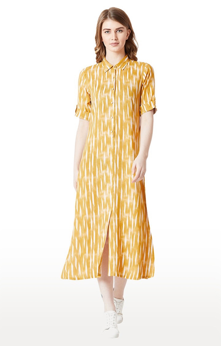 MISS CHASE | Women's Yellow Rayon PrintedCasualwear Shirt Dress