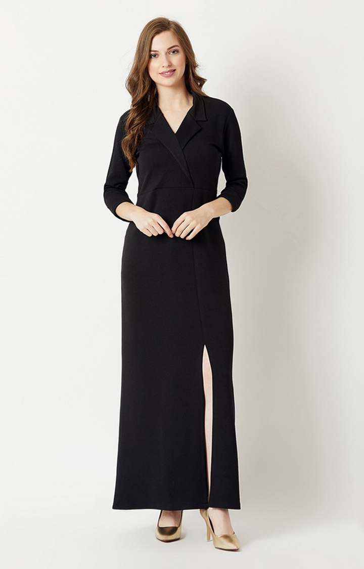 MISS CHASE | Women's Black Crepe SolidEveningwear Maxi Dress