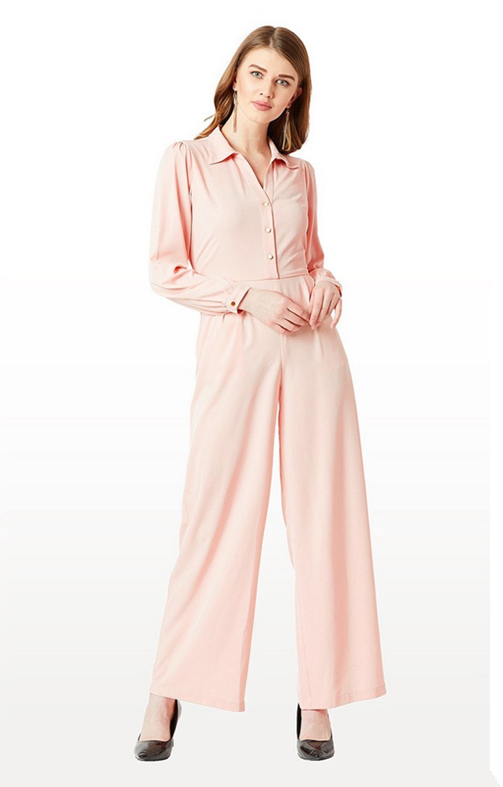 MISS CHASE | Women's Pink Crepe SolidCasualwear Jumpsuits