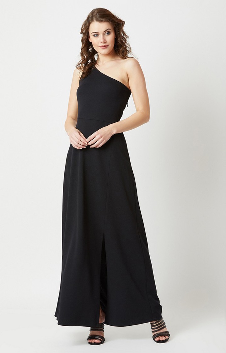 MISS CHASE | Women's Black Crepe SolidEveningwear Maxi Dress