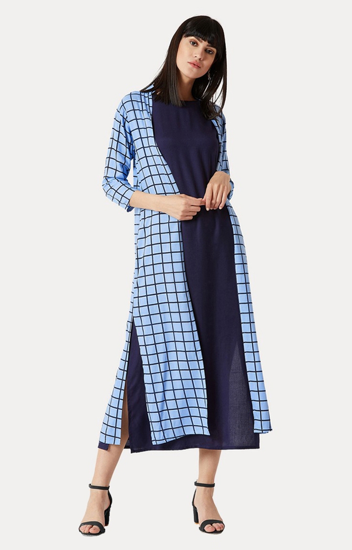 Women's Blue Rayon CheckedCasualwear Maxi Dress