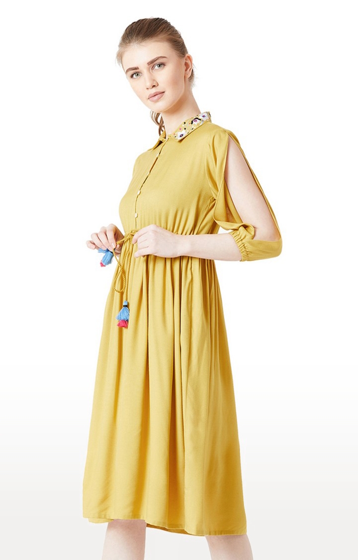 MISS CHASE | Women's Yellow Solid Fit & Flare Dress 2