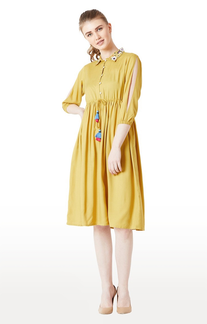 MISS CHASE | Women's Yellow Solid Fit & Flare Dress 1