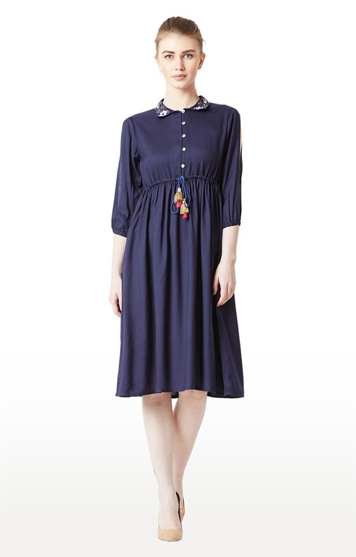 MISS CHASE | Women's Blue Solid Shift Dress