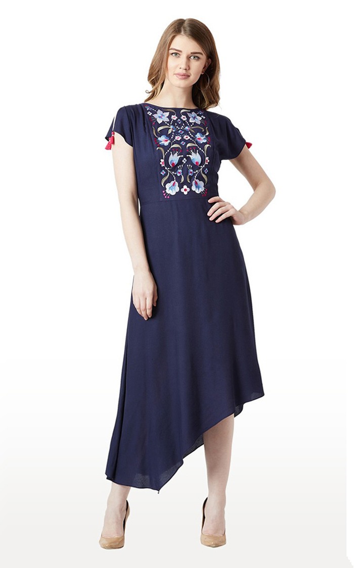 MISS CHASE | Women's Blue Rayon EmbroideredCasualwear Asymmetric Dress