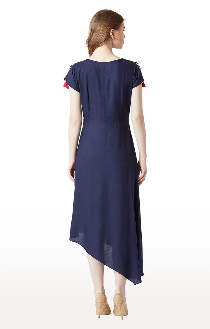 Women's Blue Rayon EmbroideredCasualwear Asymmetric Dress