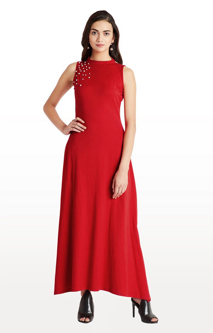 MISS CHASE | Women's Red Cotton SolidEveningwear Maxi Dress