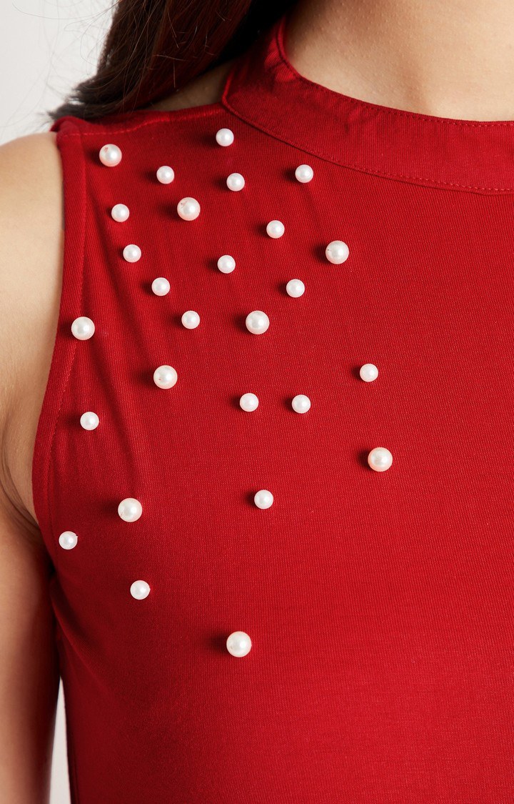 Women's Red Cotton SolidEveningwear Maxi Dress