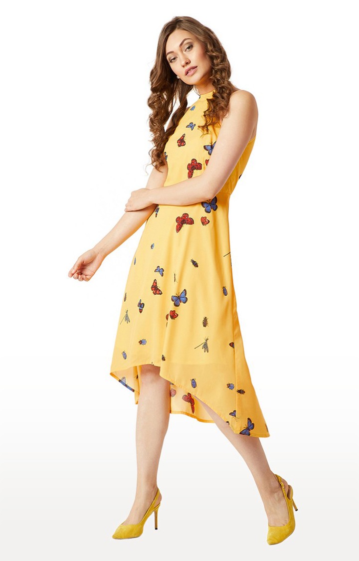 Women's Yellow Georgette PrintedCasualwear Asymmetric Dress
