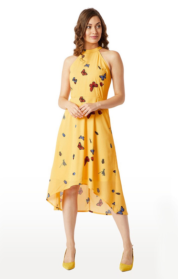 MISS CHASE | Women's Yellow Georgette PrintedCasualwear Asymmetric Dress