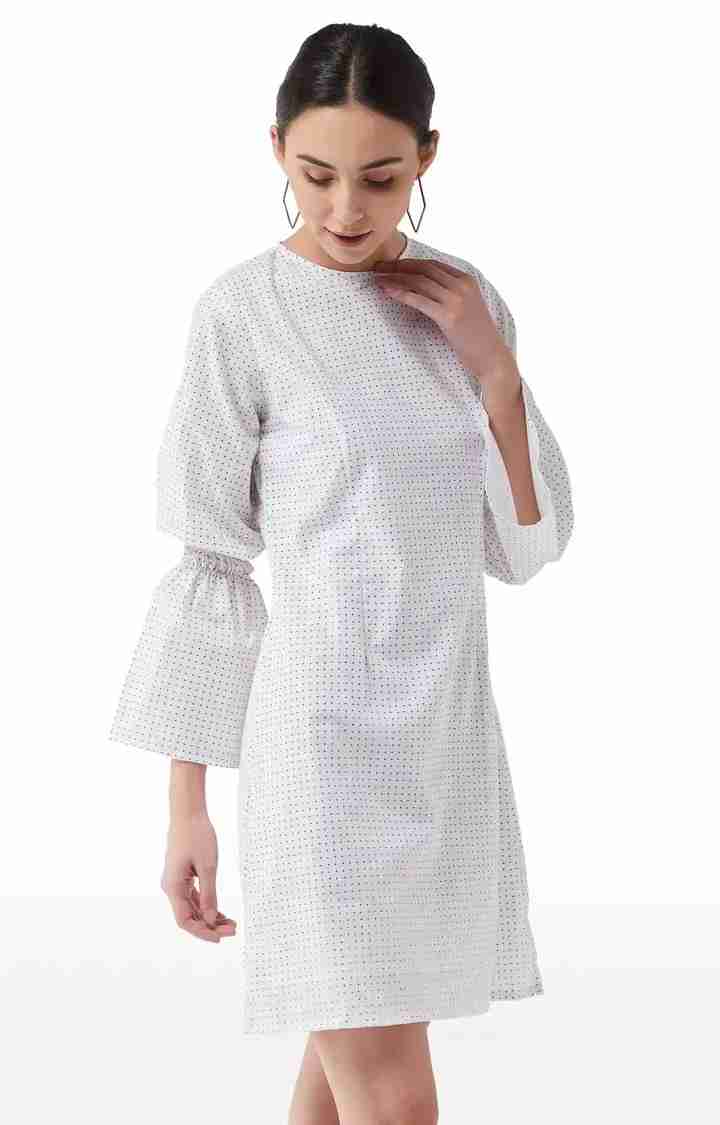 Women's White Cotton GeometricalCasualwear Shift Dress