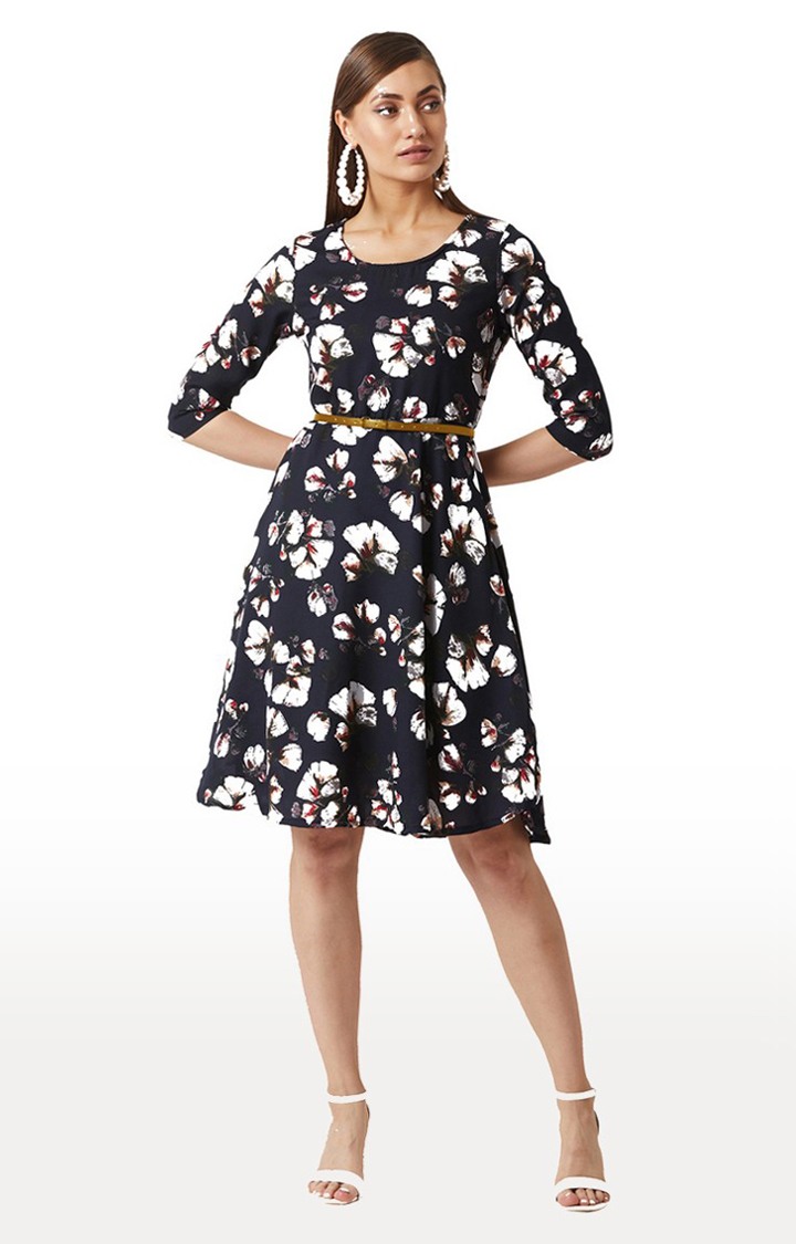 Women's Blue Crepe FloralCasualwear Skater Dress