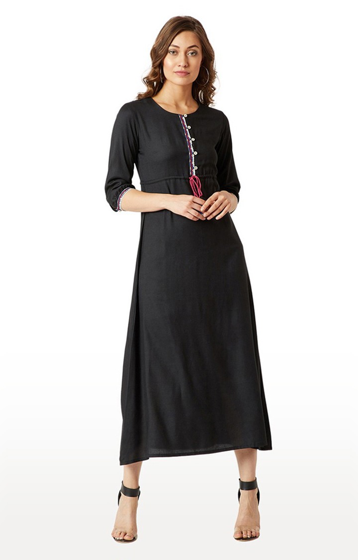 MISS CHASE | Women's Black Rayon SolidCasualwear Maxi Dress