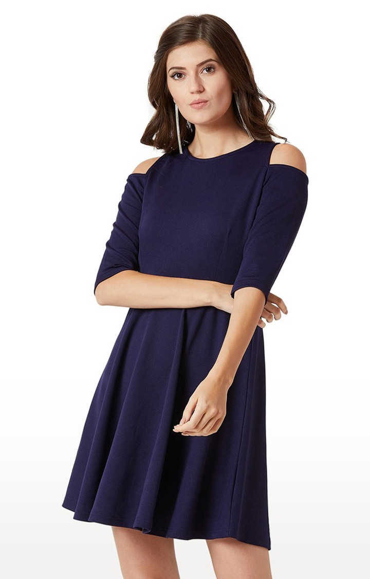 MISS CHASE | Women's Blue Polyester SolidCasualwear Skater Dress