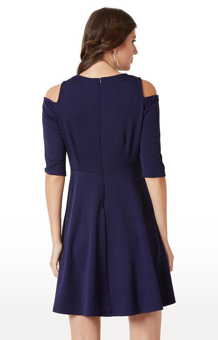 Women's Blue Polyester SolidCasualwear Skater Dress