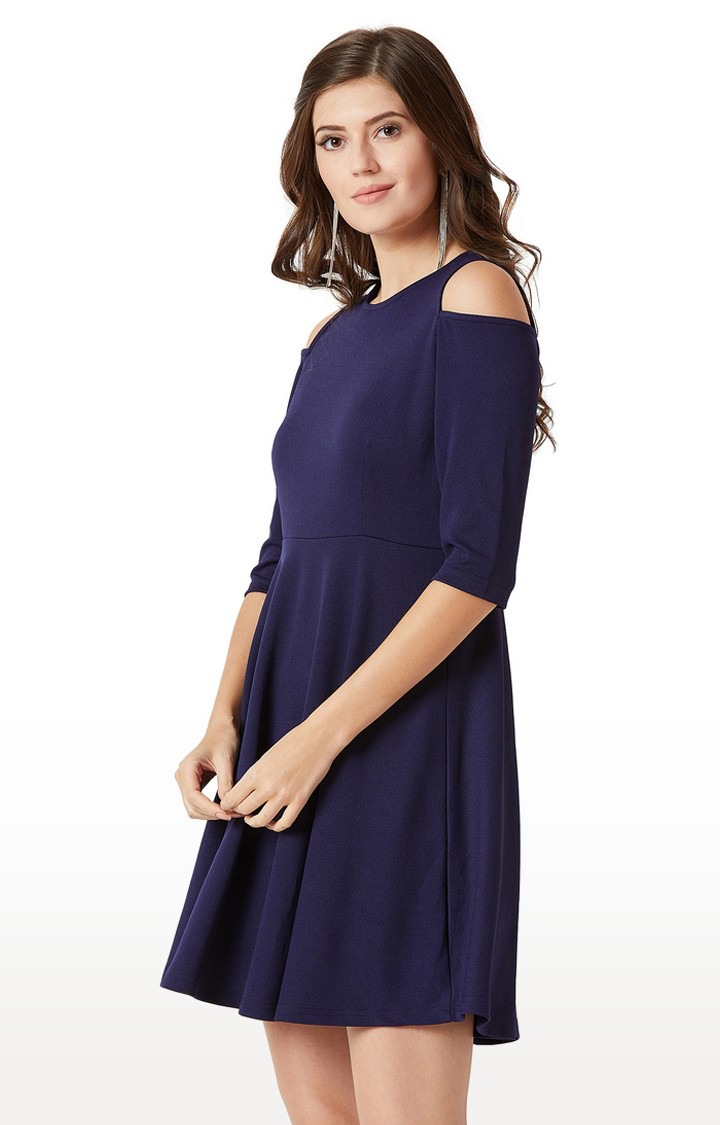 Women's Blue Polyester SolidCasualwear Skater Dress