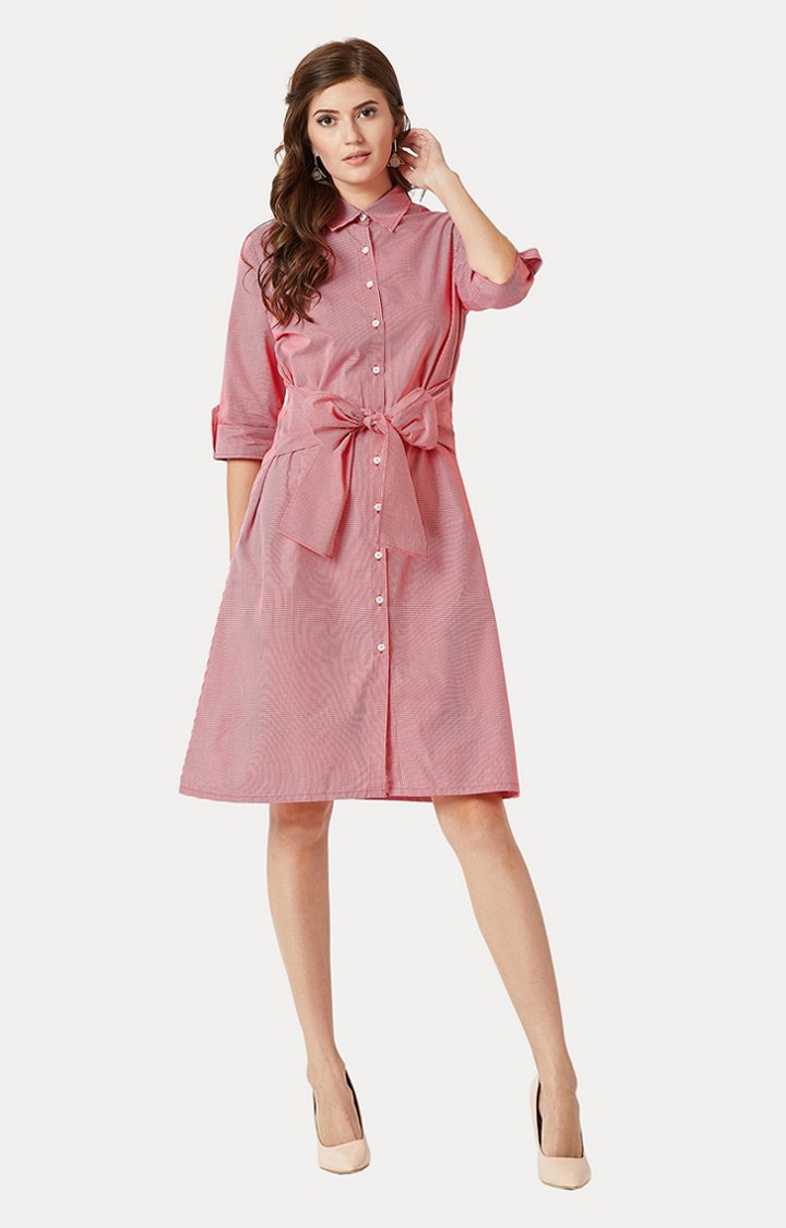 MISS CHASE | Women's Red Cotton CheckedCasualwear Shirt Dress