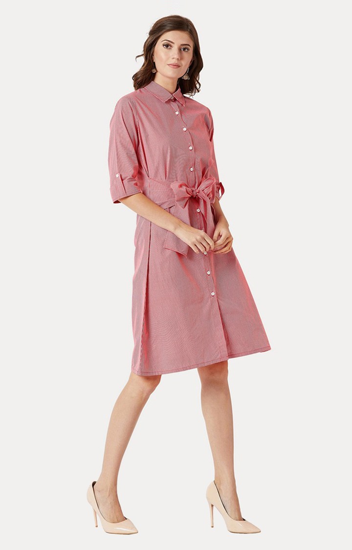Women's Red Cotton CheckedCasualwear Shirt Dress