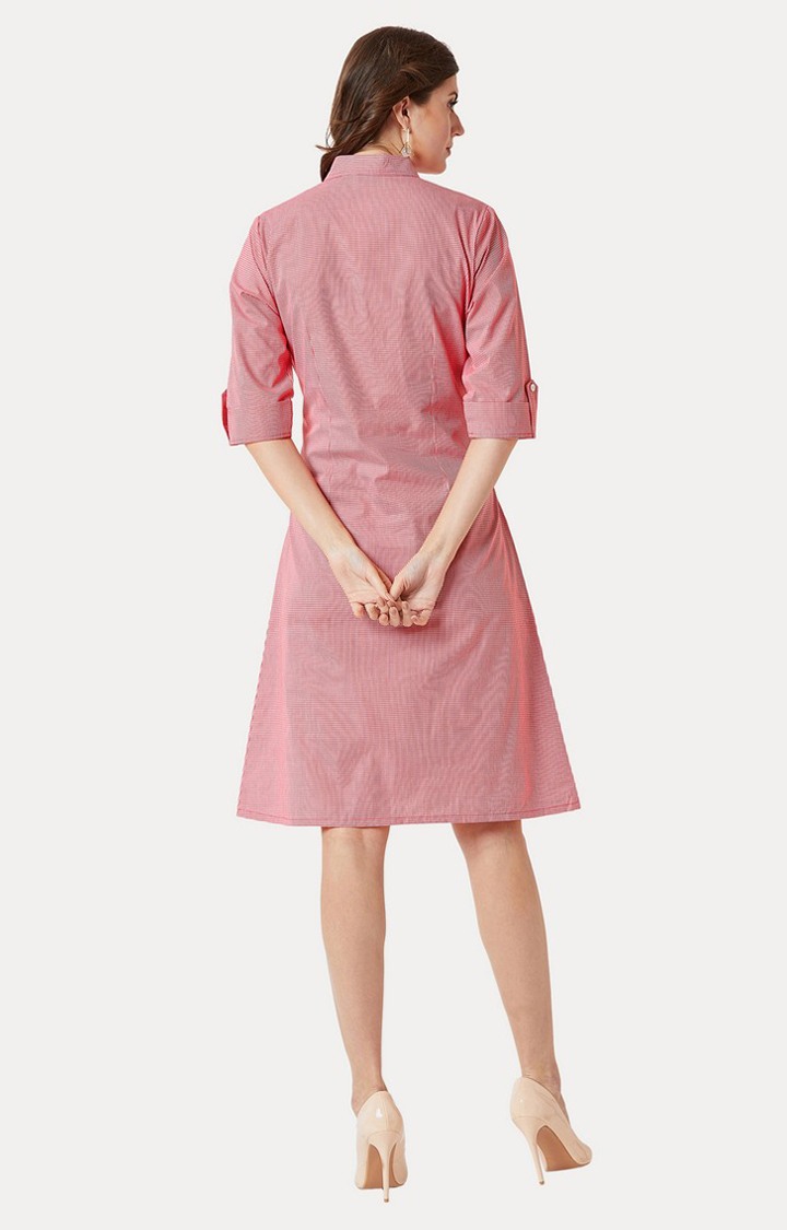 Women's Red Cotton CheckedCasualwear Shirt Dress