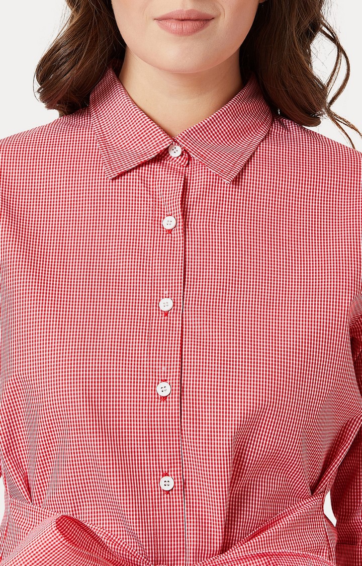 Women's Red Cotton CheckedCasualwear Shirt Dress