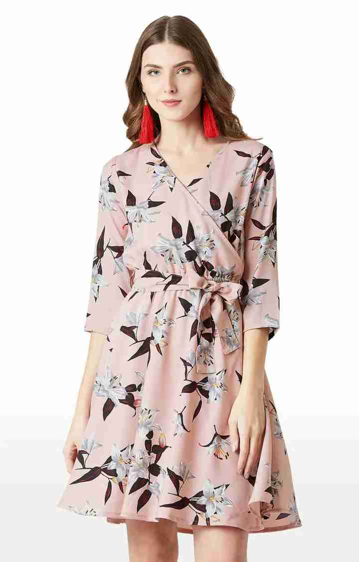 MISS CHASE | Women's Pink Crepe FloralCasualwear Skater Dress