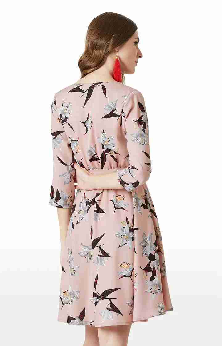 Women's Pink Crepe FloralCasualwear Skater Dress