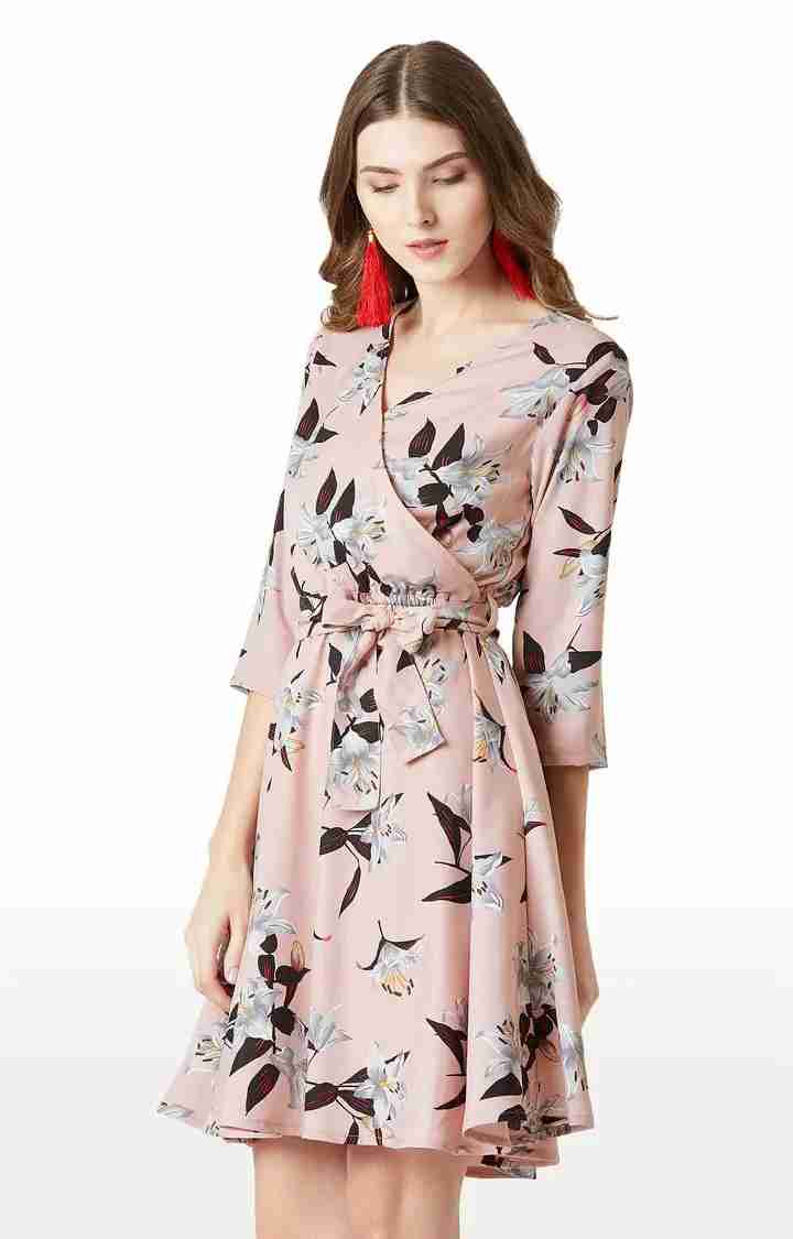 Women's Pink Crepe FloralCasualwear Skater Dress