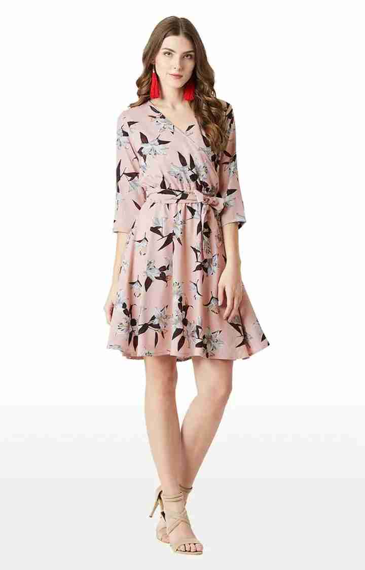 Women's Pink Crepe FloralCasualwear Skater Dress