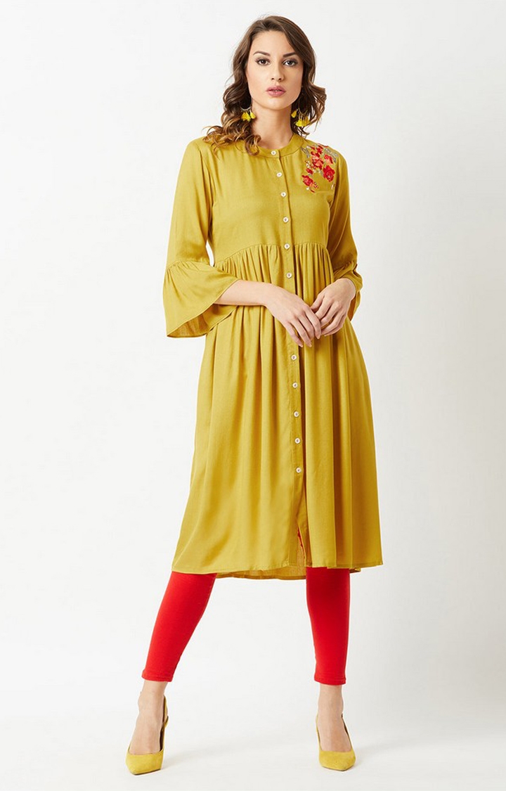 Women's Yellow Rayon Embroidered Kurtas