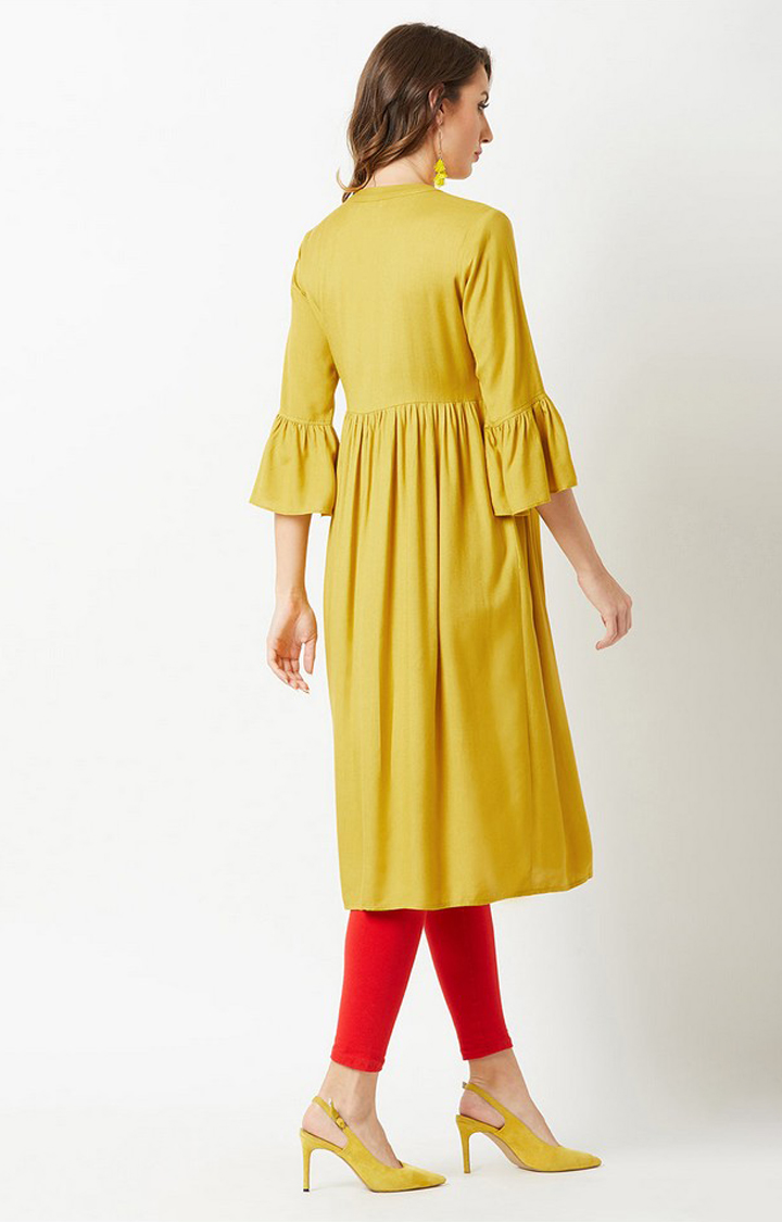 Women's Yellow Rayon Embroidered Kurtas