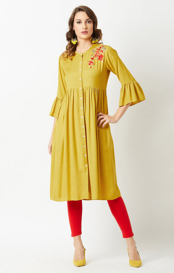 Women's Yellow Rayon Embroidered Kurtas