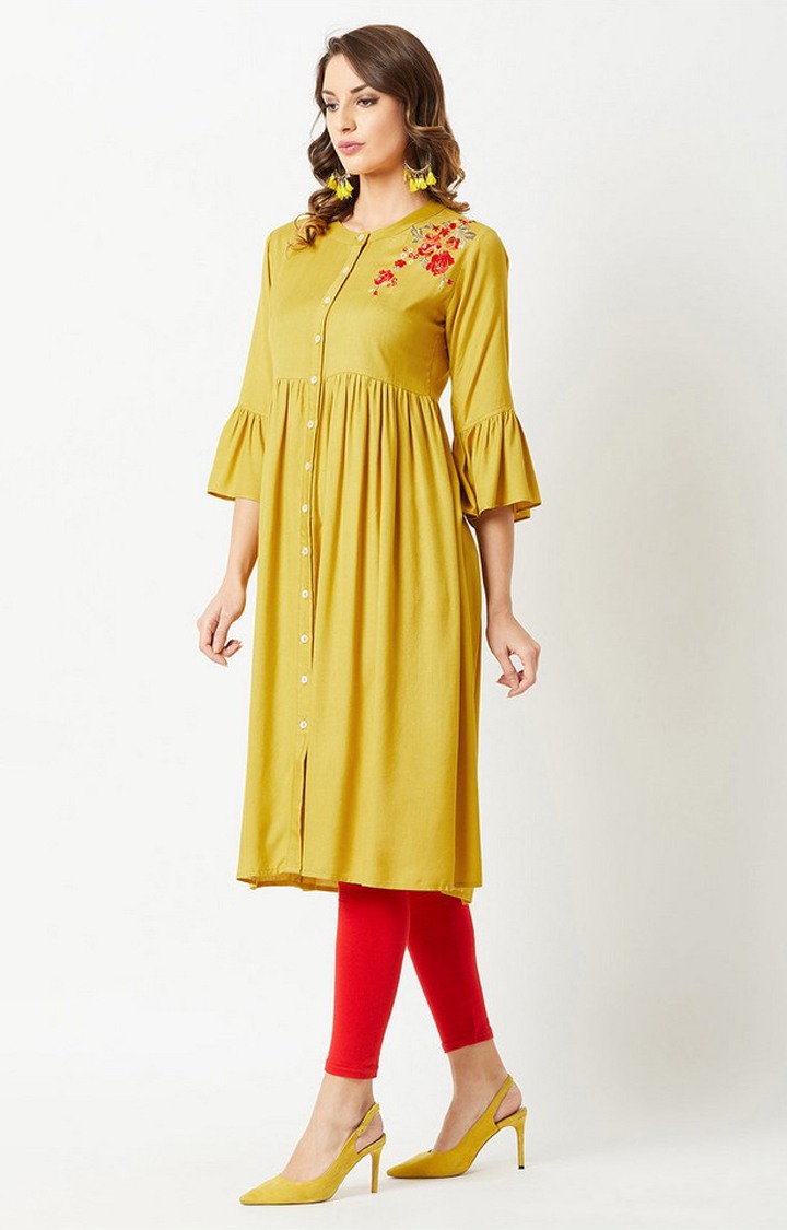 Women's Yellow Rayon Embroidered Kurtas