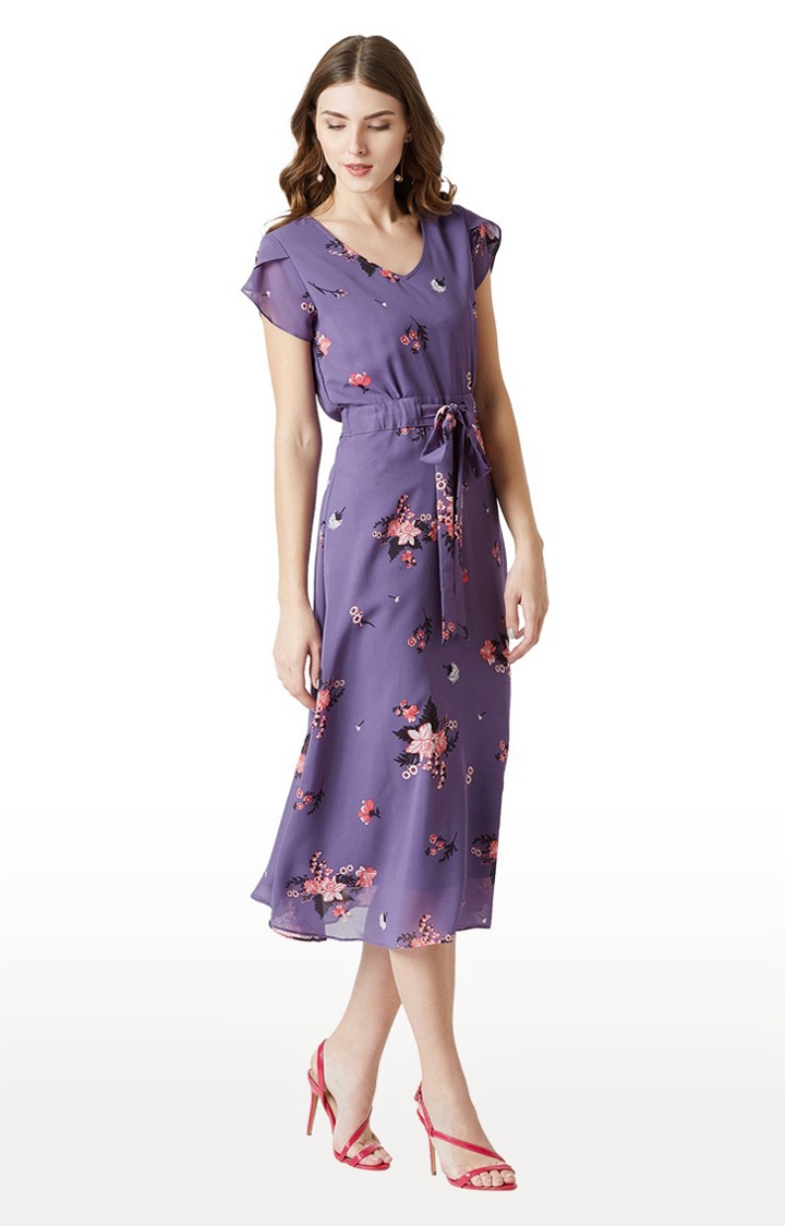 Women's Purple Georgette FloralCasualwear Fit & Flare Dress