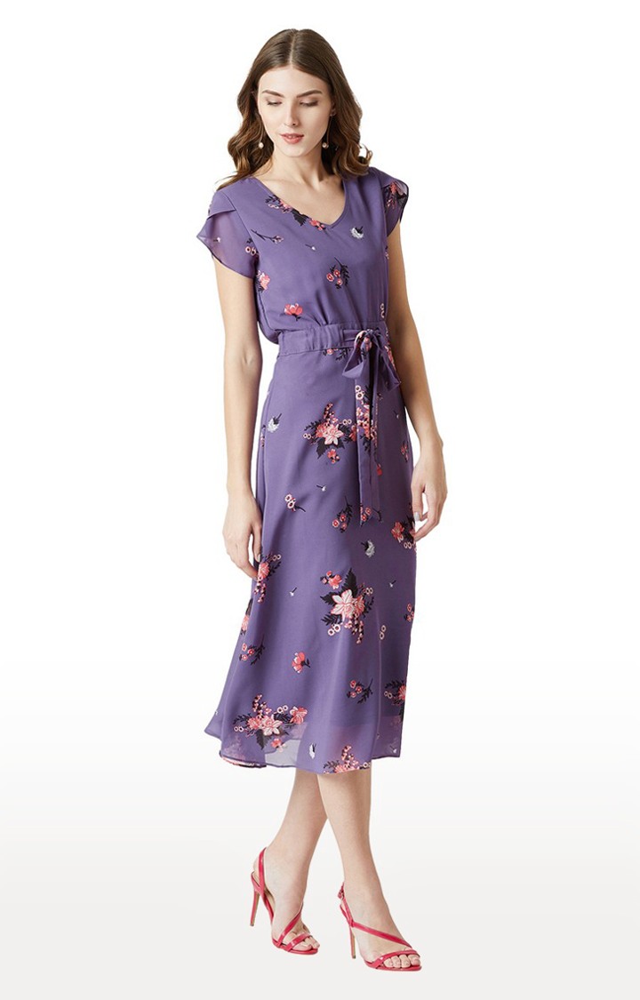 Women's Purple Georgette FloralCasualwear Fit & Flare Dress