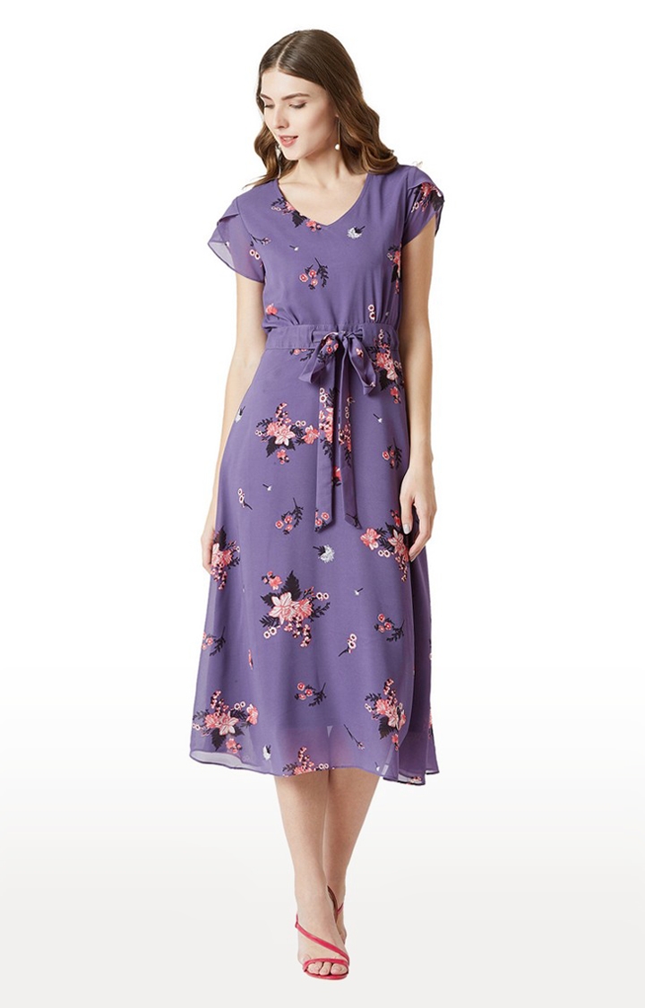 Women's Purple Georgette FloralCasualwear Fit & Flare Dress