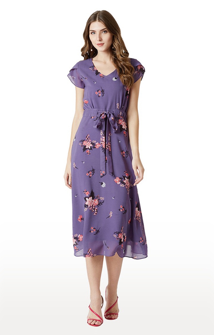 MISS CHASE | Women's Purple Georgette FloralCasualwear Fit & Flare Dress